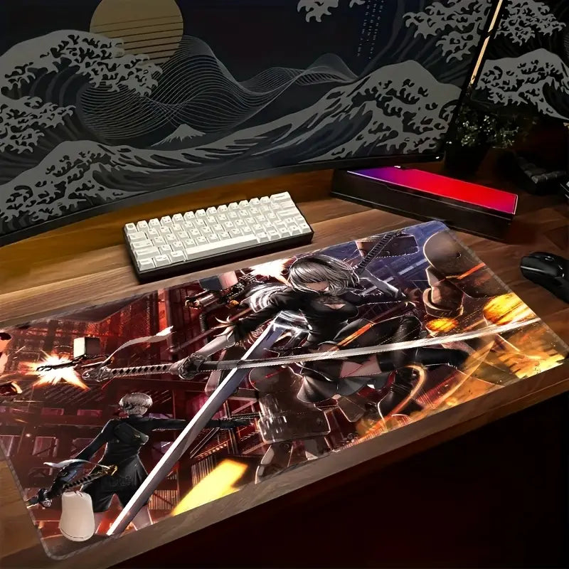 Anime-Inspired Dual Blade Girl Gaming Pad - Large Non-Slip Rubber Desk Mat with Durable Stitched Edges