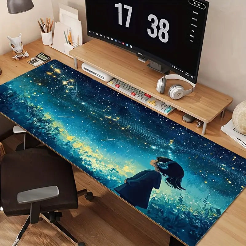 Starry Night Gaming Pad with Anime Girl Design - Non-Slip Desk Mat
