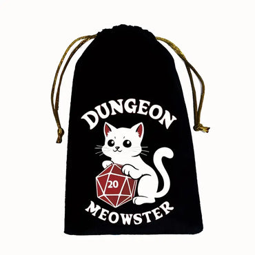 Dungeon Meowster Black Velvet Dice Bag with White Cat Design - Polyester