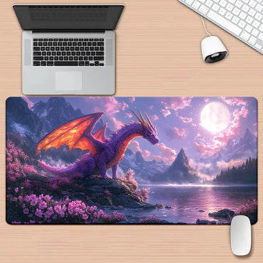 XXL Gaming Desk Mat - Purple Dragon & Cherry Blossoms Fantasy Design, HD Printed Non-Slip Rubber Base & Smooth Fabric Surface
