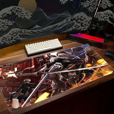 Anime-Inspired Dual Blade Girl Gaming Pad - Large Non-Slip Rubber Desk Mat with Durable Stitched Edges