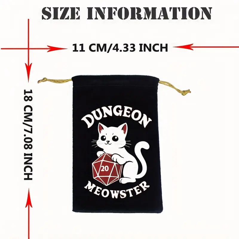 Dungeon Meowster Black Velvet Dice Bag with White Cat Design - Polyester