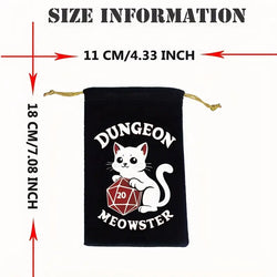 Dungeon Meowster Black Velvet Dice Bag with White Cat Design - Polyester