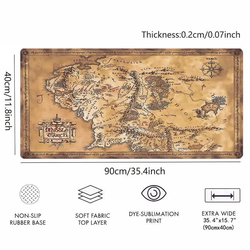 Middle Earth Map Desk Mat: Large, Rubber, Rectangle, Waterproof, Non-Slip