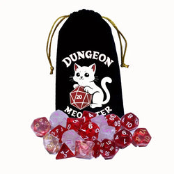 Dungeon Meowster Black Velvet Dice Bag with White Cat Design - Polyester
