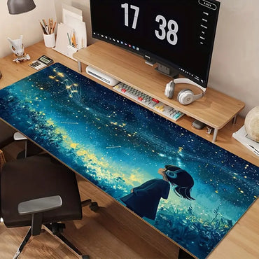 Starry Night Gaming Pad with Anime Girl Design -  Non-Slip Desk Mat