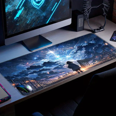 XXL Anime Gaming Pad - Night Sky Anime Girl Design with Stars & Cityscape, Non-Slip Rubber Base