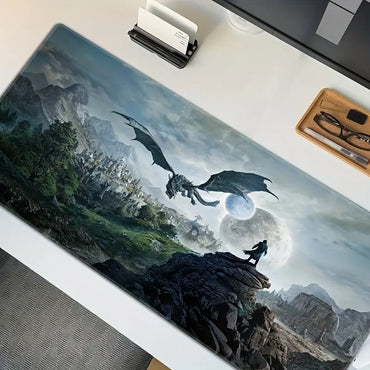 High-Definition Dragon & Castle Desk Pad - Non-Slip, Rubber Base with Stitched Edges