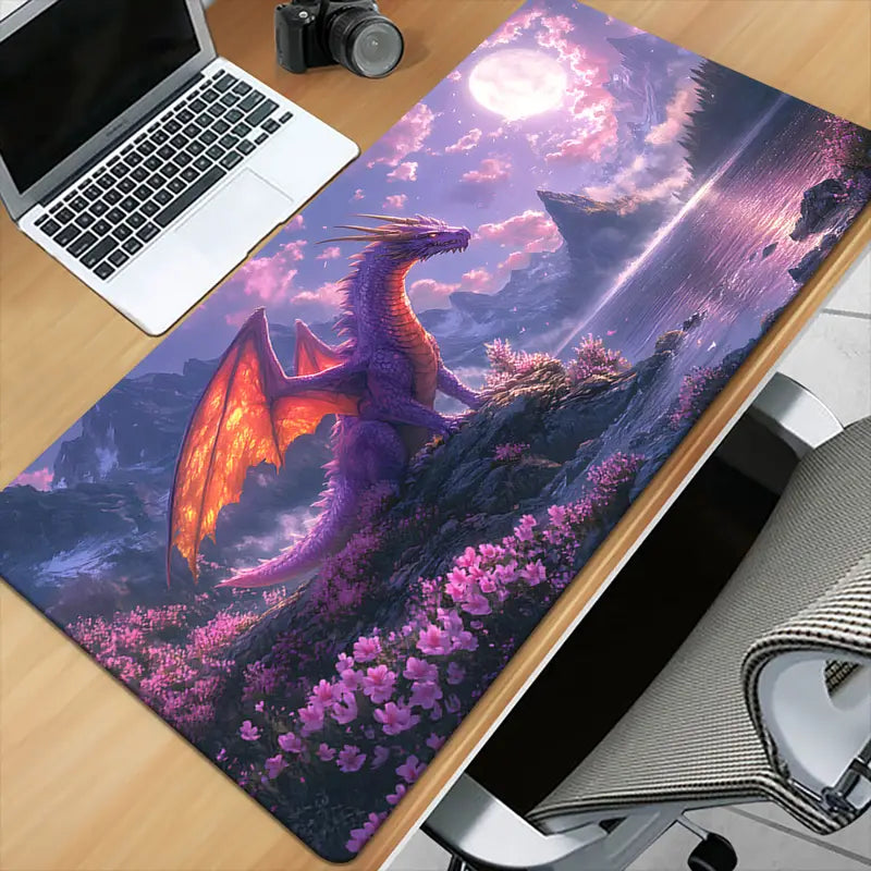 XXL Gaming Desk Mat - Purple Dragon & Cherry Blossoms Fantasy Design, HD Printed Non-Slip Rubber Base & Smooth Fabric Surface