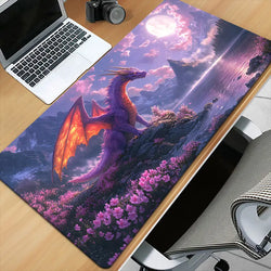 XXL Gaming Desk Mat - Purple Dragon & Cherry Blossoms Fantasy Design, HD Printed Non-Slip Rubber Base & Smooth Fabric Surface