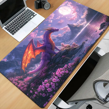 XXL Gaming Desk Mat - Purple Dragon & Cherry Blossoms Fantasy Design, HD Printed Non-Slip Rubber Base & Smooth Fabric Surface