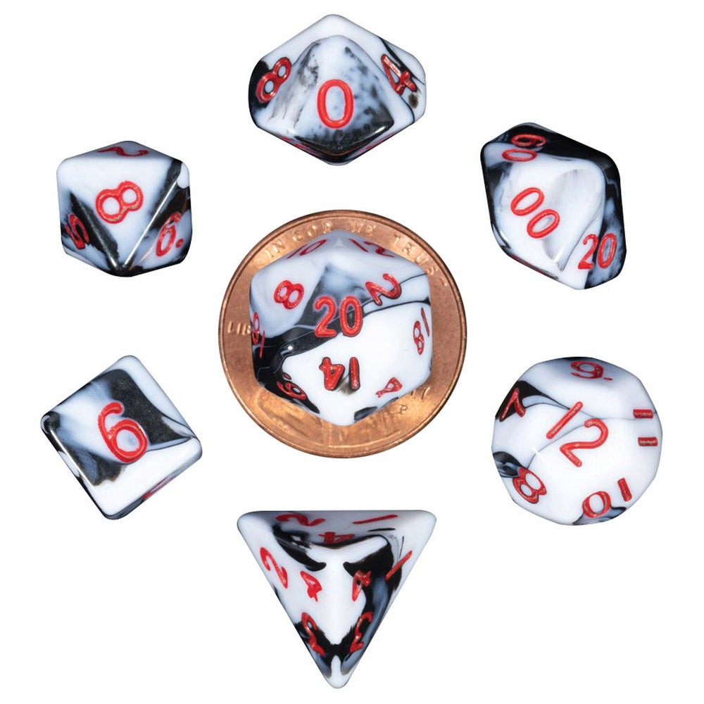 Mini Polyhedral Dice Set Marble with Red Numbers