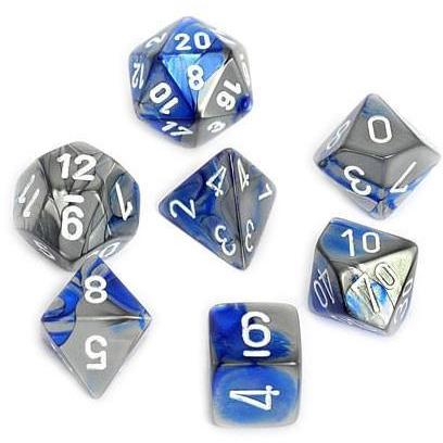 Dice Gemini Blue-Steel with White Polyhedral 7 die set