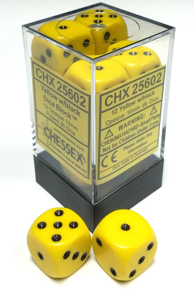 Dice Opaque 16mm d6 (12 Dice) Yellow/Black