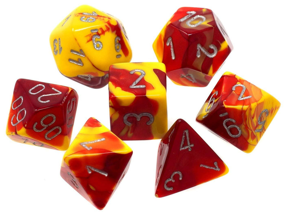 Gemini Red-Yellow with Silver 7 Die polyhedral