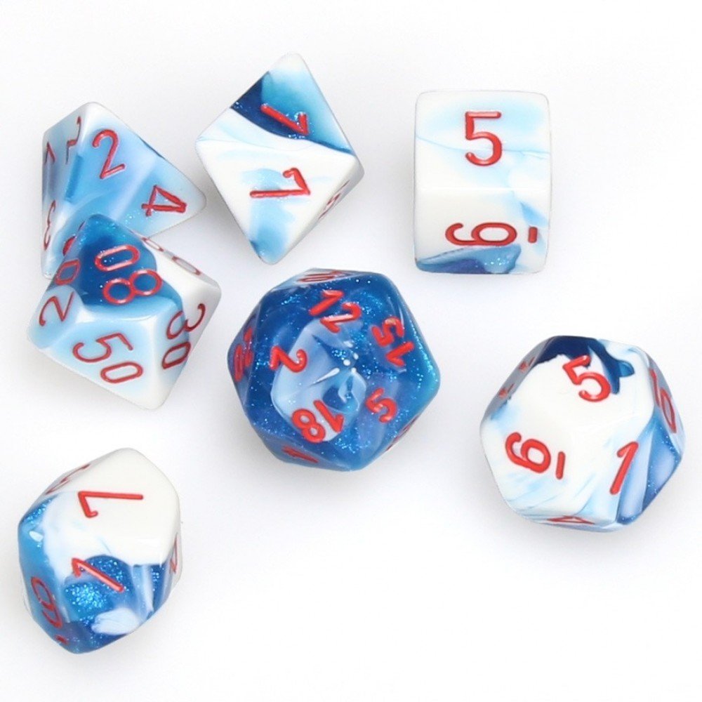 Gemini Astral Blue-White with Red 7 die polyhedral